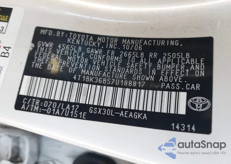 2007 Toyota Avalon Xls from USA, damaged, VIN 4T1BK36B57U188817